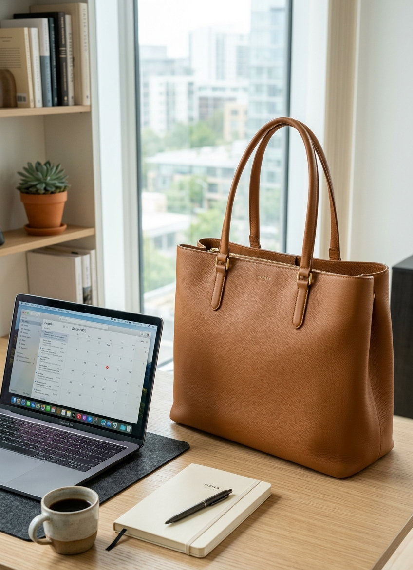Große strukturierte Tote Bag in Tan-Leder auf einem Schreibtisch